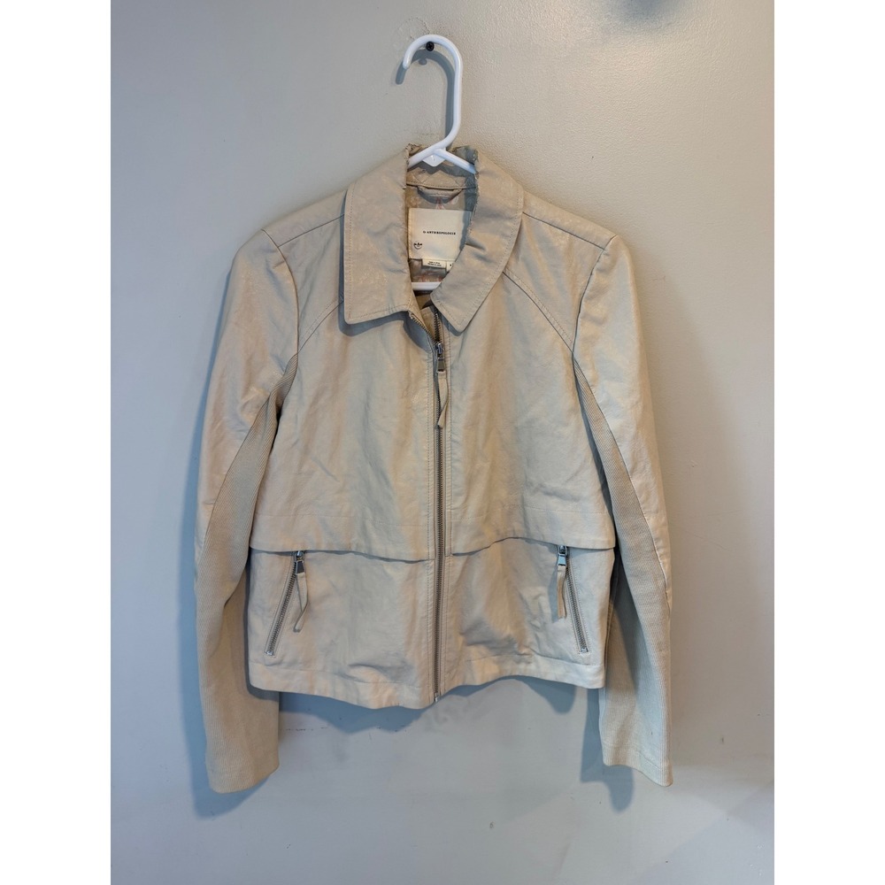 Anthropologie Cream Faux Leather Mixed Media Moto Jacket Floral Small FLAWS
